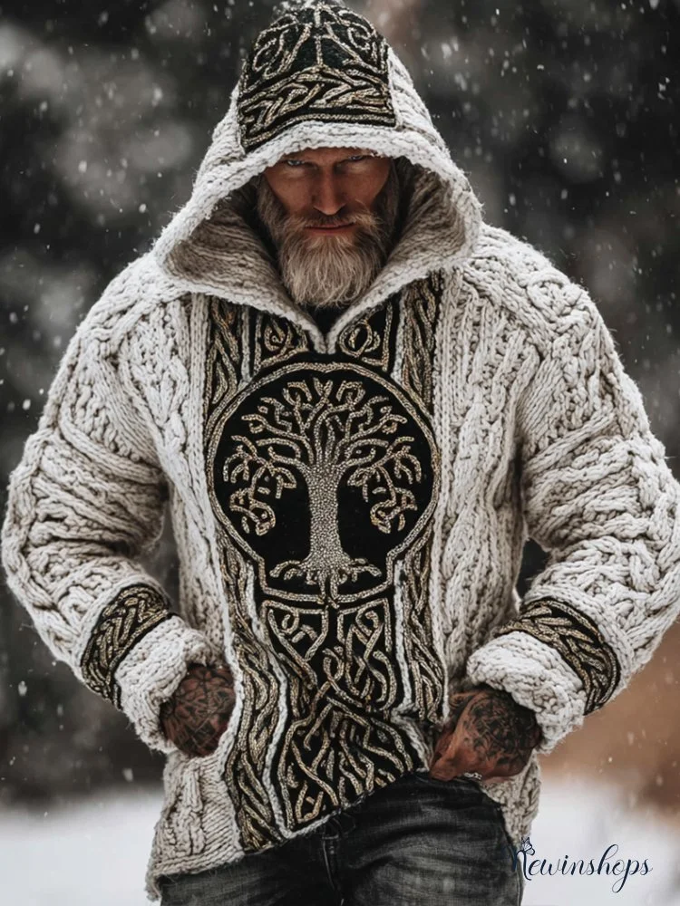 Men's Viking Style Tree Of Life White Thick Needle Hooded Sweater