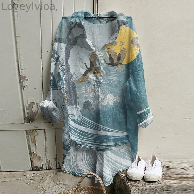 Japanese Crane Art Print Long Sleeve Casual Shirt