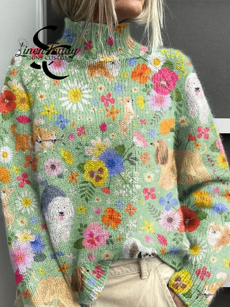 Women's Lovely Flowers Dogs Art Print Knit Turtleneck Pullover Sweater