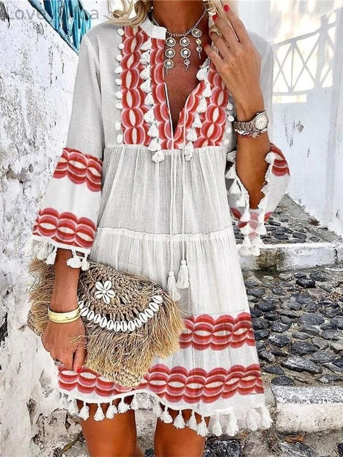 Comfortable Casual Tassel Design V-Neck Dress