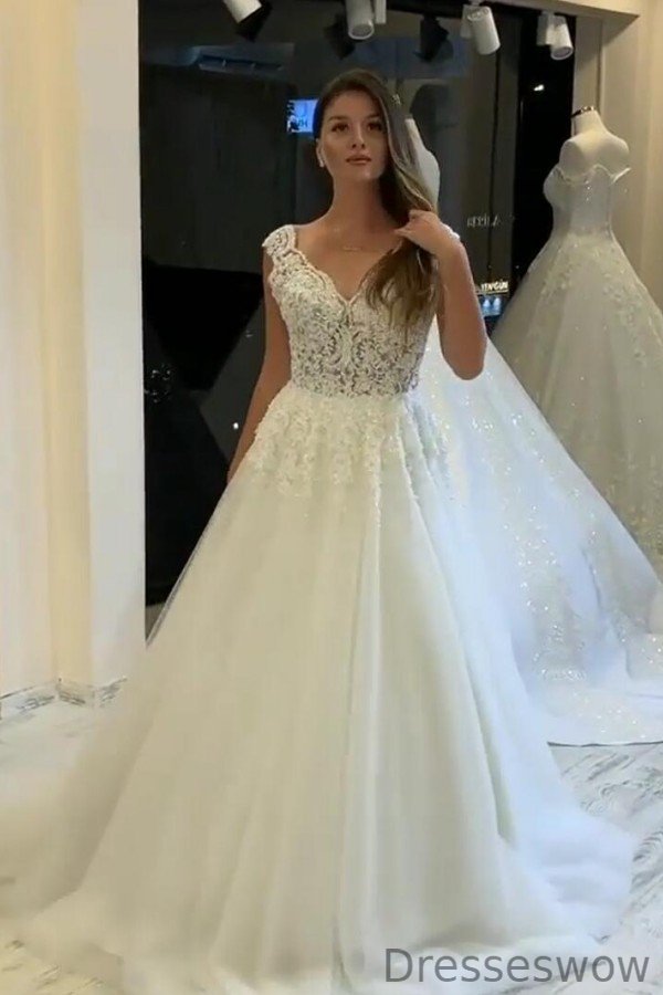 Dresseswow V-Neck Wide Straps Pearl Wedding Dresses With Lace Appliques