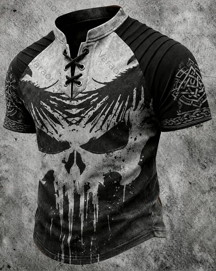Men's Viking Skull Print Short-Sleeve Henley T-Shirt 3904
