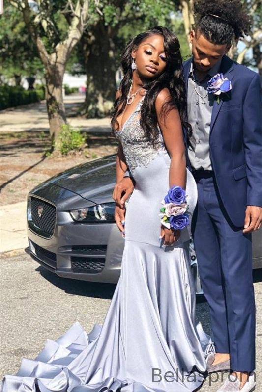 Bellasprom Mermaid Prom Dress Sleeveless V-Neck With Appliques Spaghetti-Straps Bellasprom