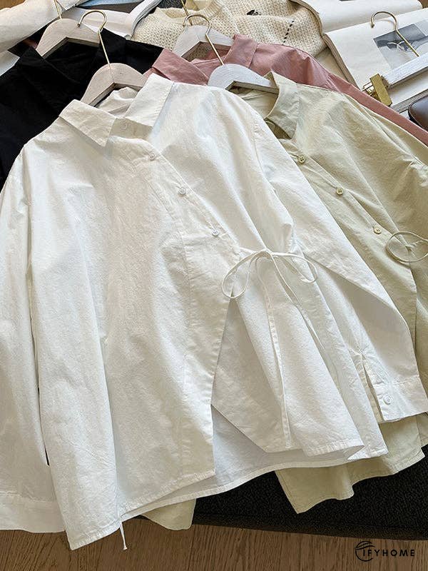 Loose Long Sleeves Frenum Solid Color Lapel Blouses | IFYHOME