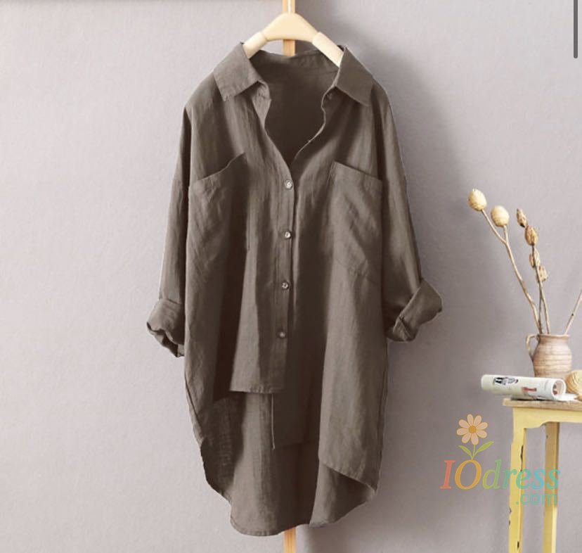 IO Dress Women's Solid Color Shirt Large Size Long Sleeve Pockets Loose Blouses Front Short Back Long Casual Street Tops Women IO Dress