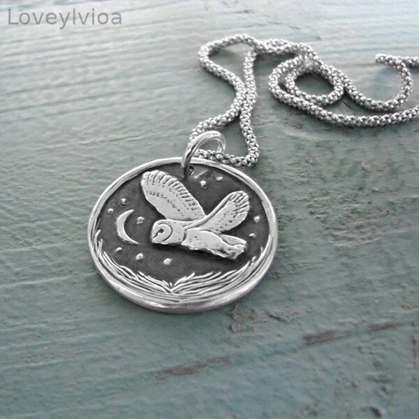 Sterling Silver Star And Moon Owl Pendant Necklace