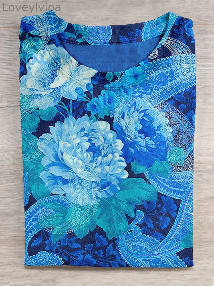 Unisex Floral Art Print Crew Neck Short Sleeve T-Shirt