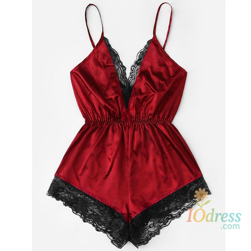 IO Dress Summer New Sexy Fashion Women Lace Splice Trim Backless Bow Shorts V-Neck Bodysuit Women Sleep Wear Set