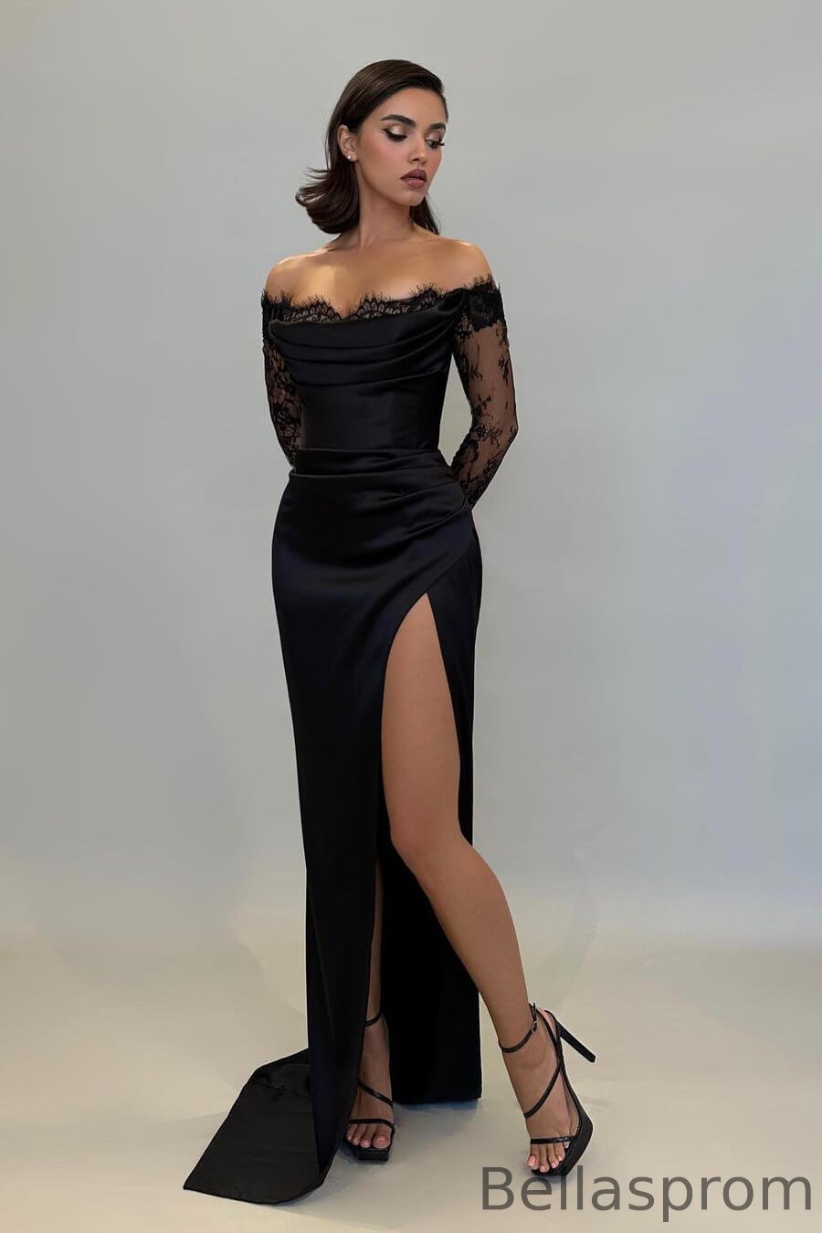 Bellasprom Black Sweetheart Long Sleeves Mermaid Prom Dress With Split Online Bellasprom