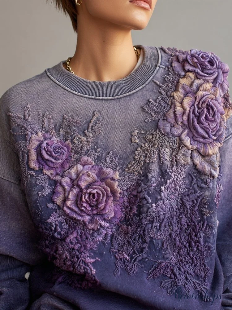 Vintage Roses Embroidered Purple Gradient Sweatshirt