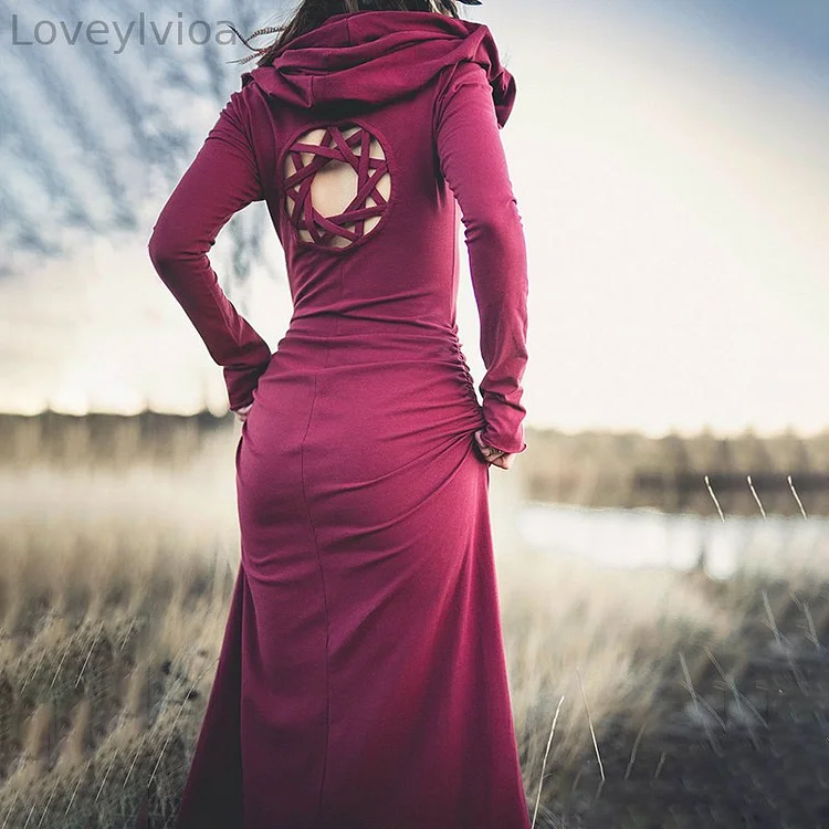 Hollow Star Totem Hooded Retro Long Sleeve Maxi Dress