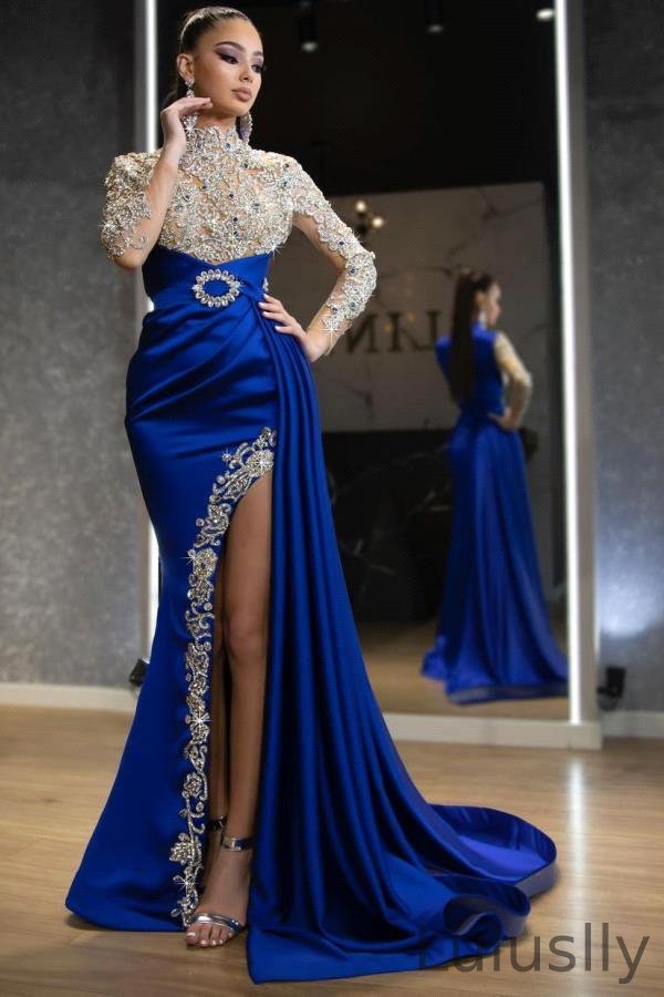 Luluslly Royal Blue Long Sleeves Mermaid Split Prom Dress High Neck With Appliques Beads