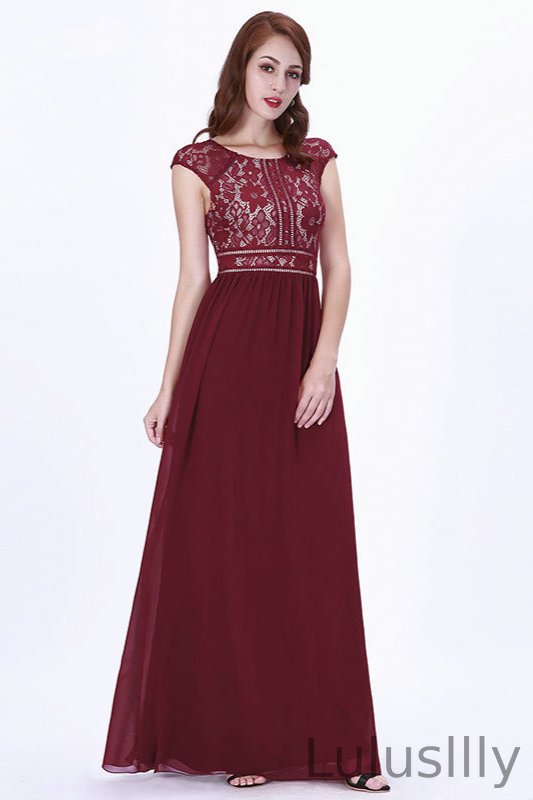 Elegant Burgundy Cap Sleeve Prom Dress Long Chiffon Evening Gowns - lulusllly