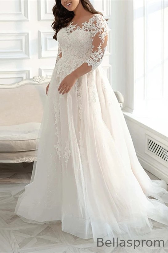 Bellasprom Plus Size 3/4 Length Sleeves Wedding Dress Tulle With Lace Appliques Bellasprom