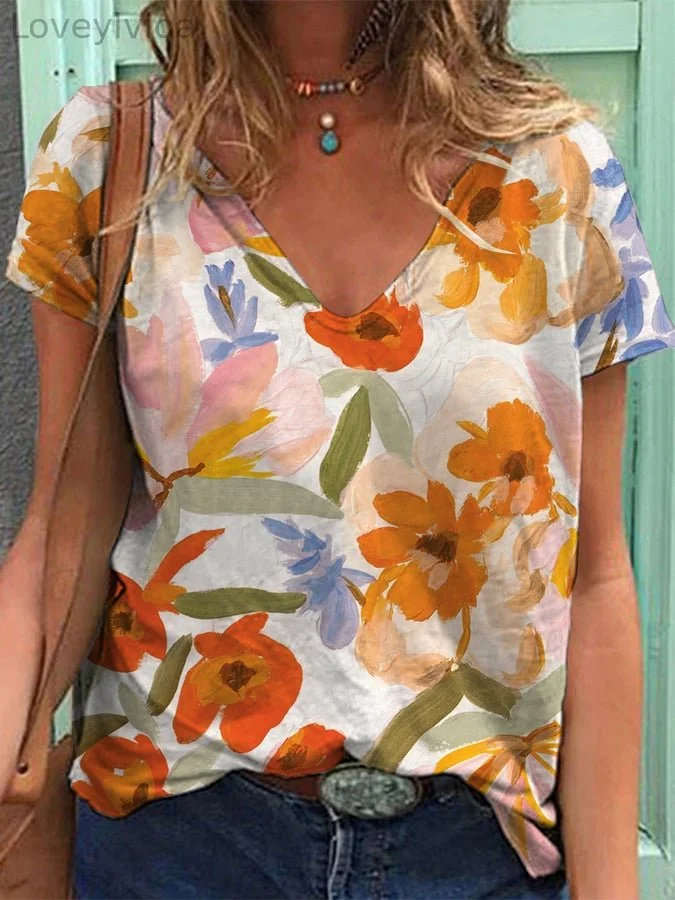 Women's Vintage Art Floral Print Casual T-Shirt