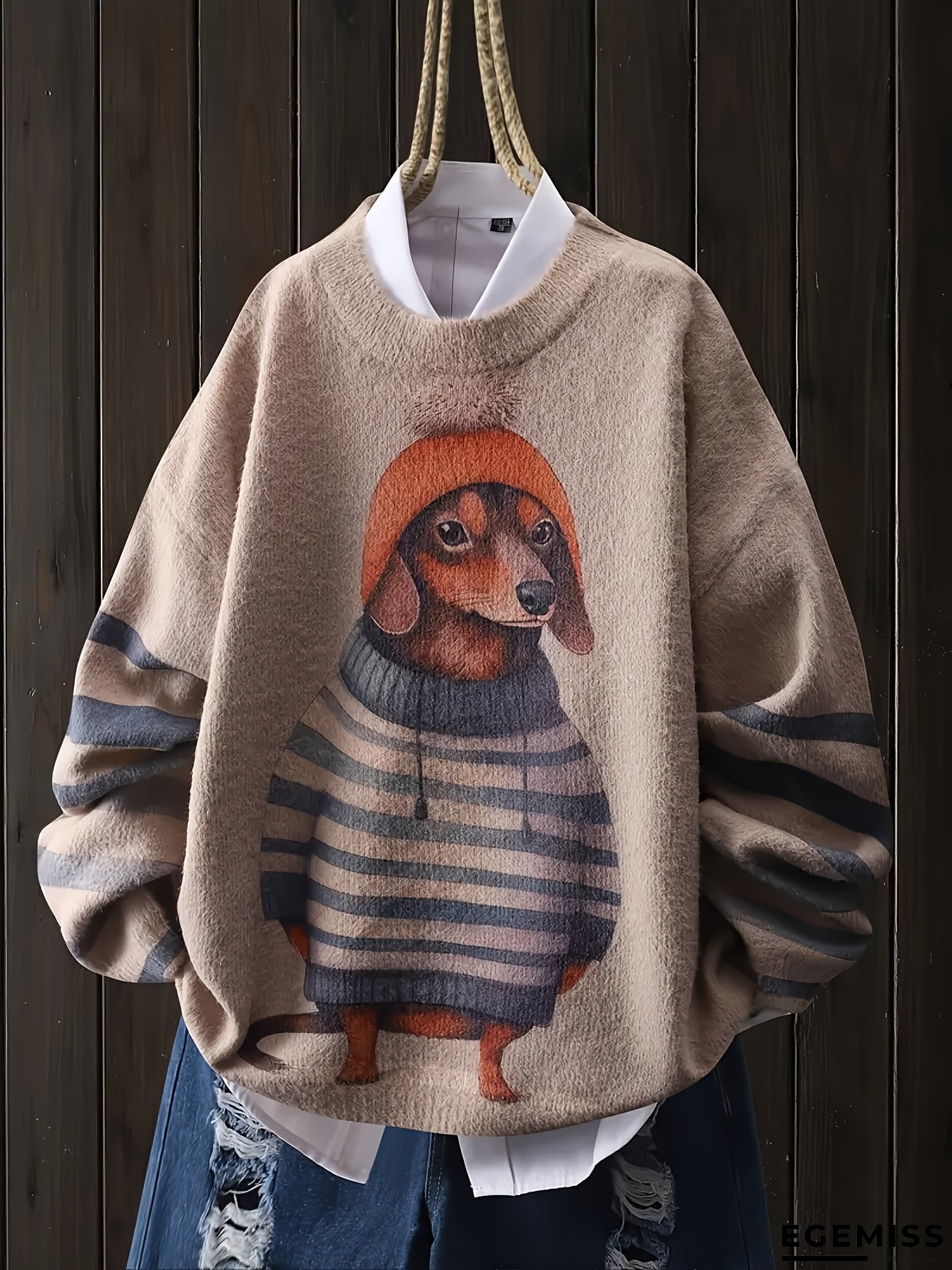 Women&lsquo;s Elegant Loose-Fit Long Sleeve Sweater - Cute Cartoon Dog Pattern Round Neck Pullover, Soft Machine-Washable All-Season Casual Top, Comfortable Versatile Style, Dog Sweater, Fall Winter Apparel, Playful Design, Medium Stretch Fabric, Animal Print | EGEMISS