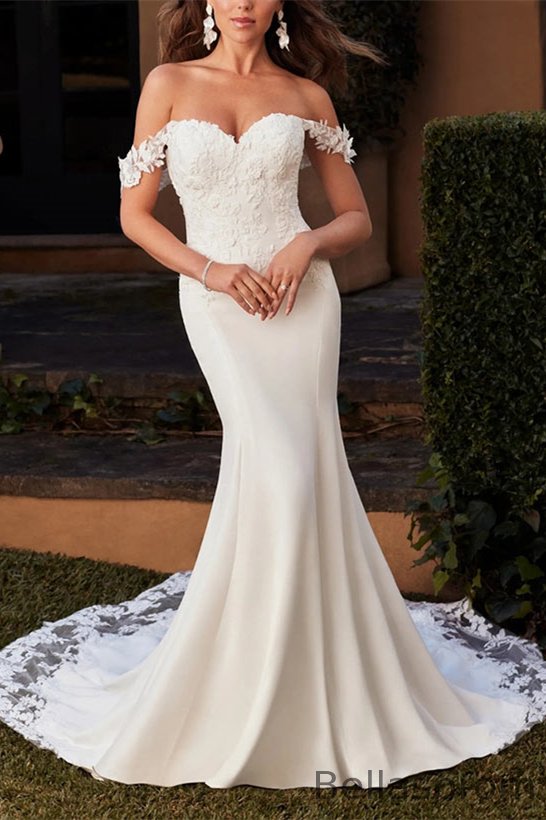 Bellasprom Off-the-Shoulder Lace Mermaid Wedding Dress Satin Long Button Back Bellasprom