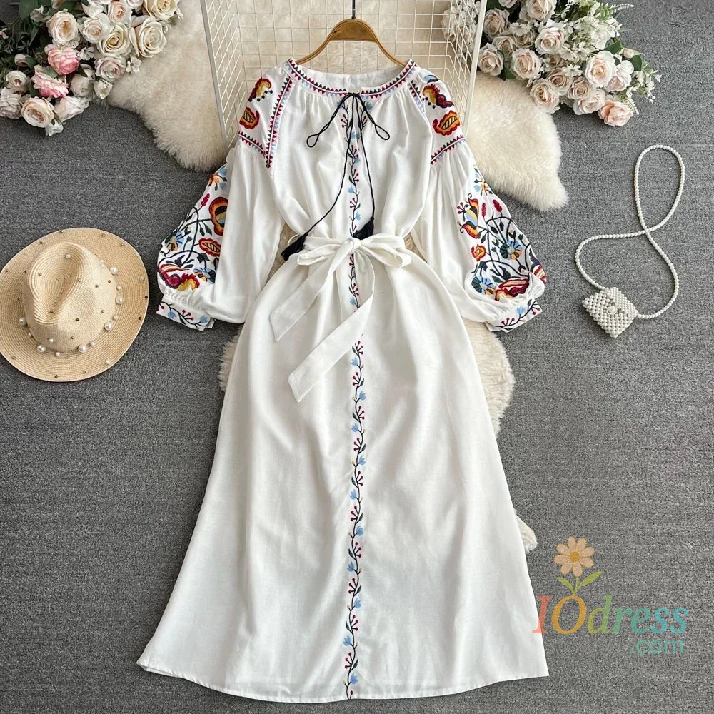 IO Dress Women Spring Autumn Dress Vintage Ethnic Style Lantern Long Sleeve Embroidered Round Neck Slim A-line Cotton Linen Dress D4930