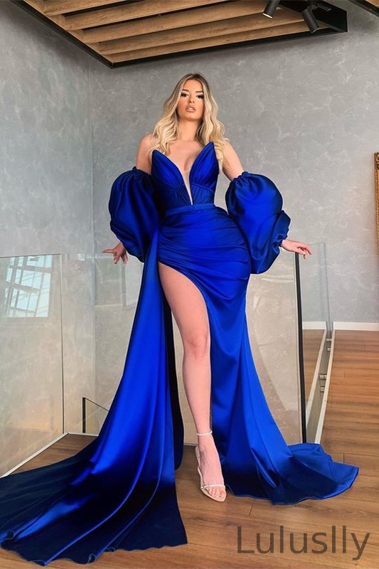 Luluslly Royal Blue Removable Sleeves Mermaid Prom Dress With Slit