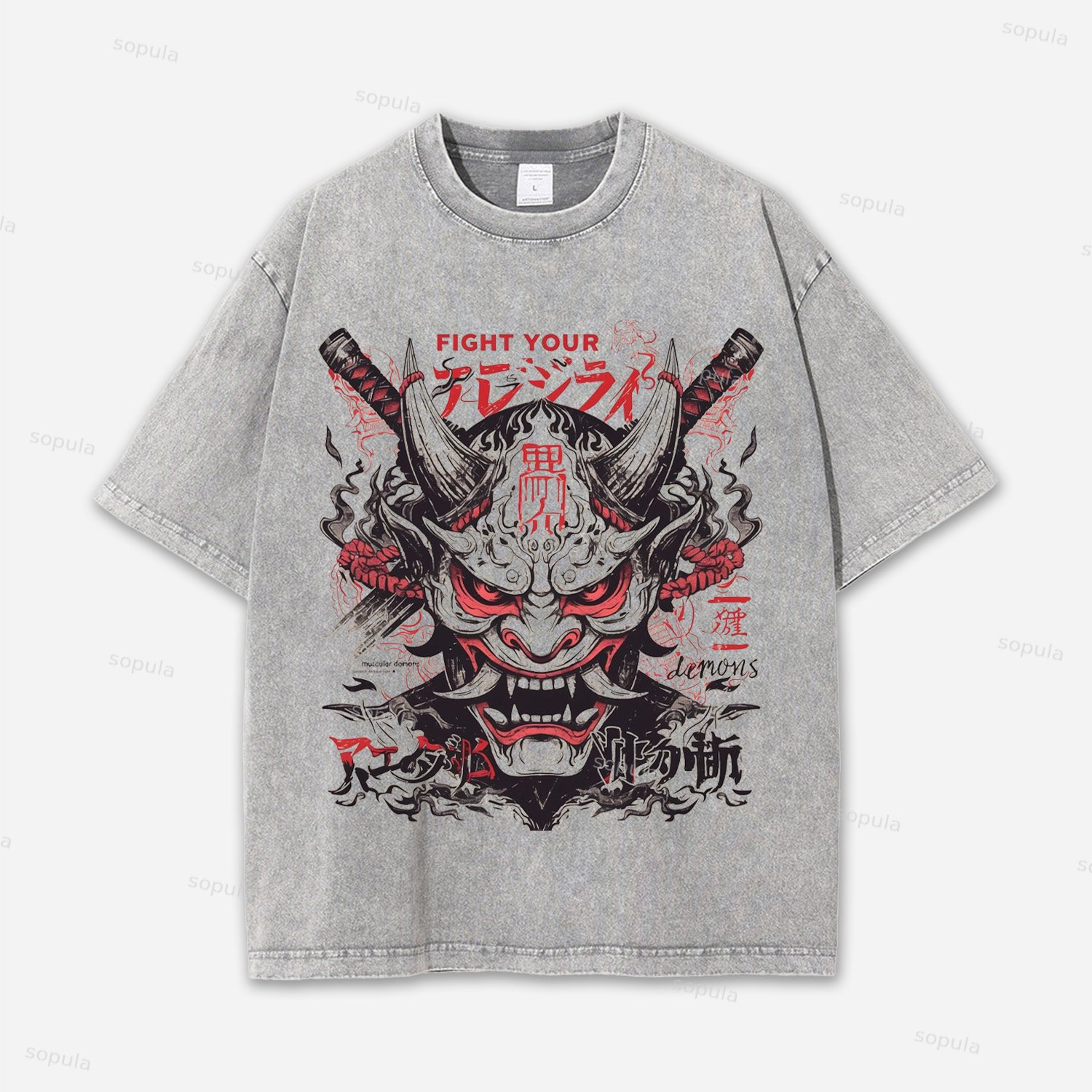 Vintage Japanese Warrior Art Graphic Acid Washed T-shirt