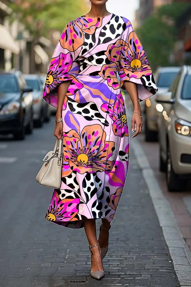 Women's Elegant Floral Art Print Midi Dress