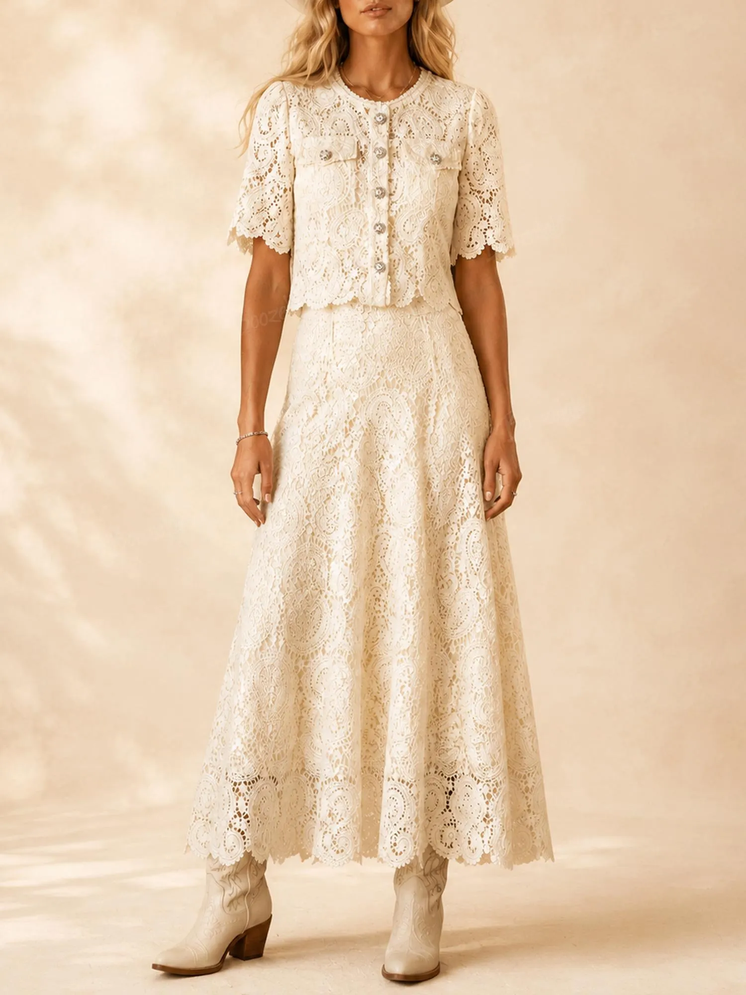 Modern Western Wedding Guest &mdash;  Intricate Floral Openwork Lace Short Sleeve Jacket and A-Line Maxi Skirt Two-Piece Dress Set