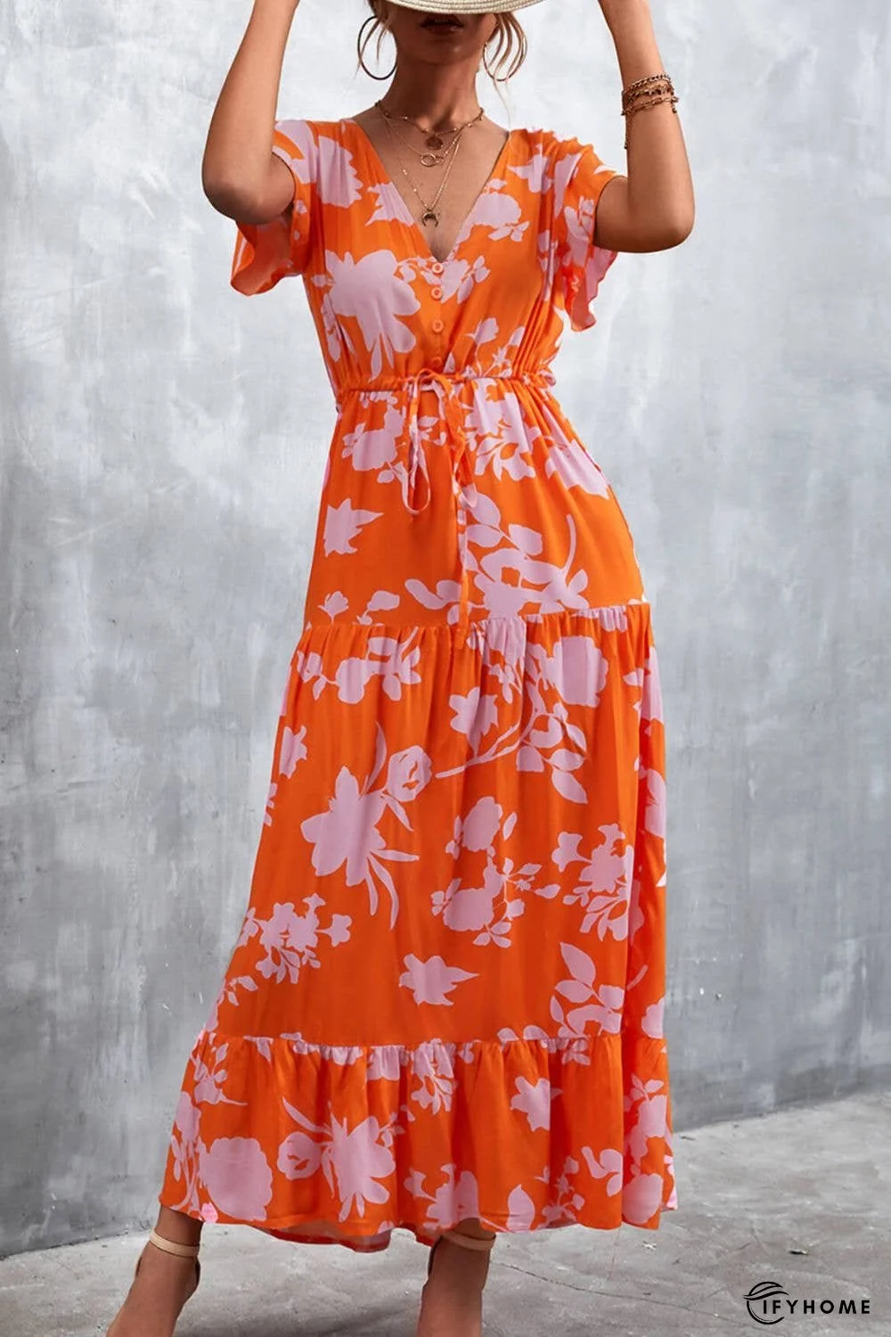 Floral Buttoned Drawstring Waist Tiered Dress | IFYHOME