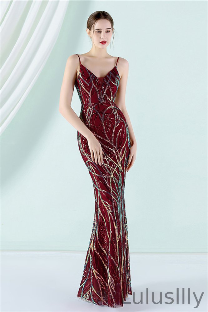 Fabulous Spaghetti-Straps V-Neck Sequins Evening Dress Mermaid Long YE0118 - lulusllly