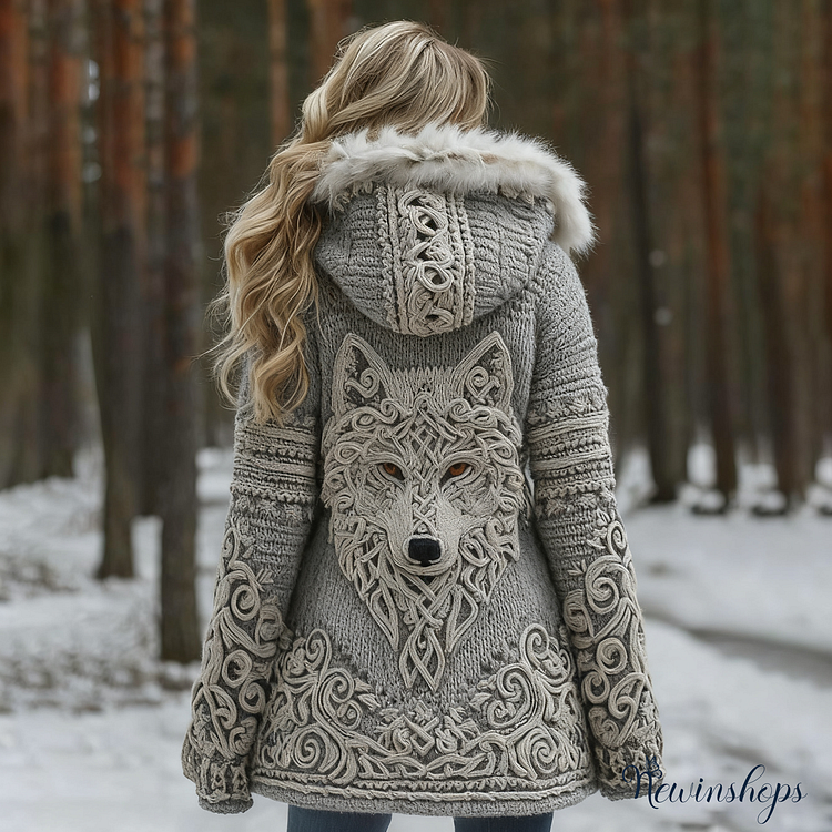 Women Viking Wolf Celtic Knot Art Cozy Fur Collar Hooded Cardigan