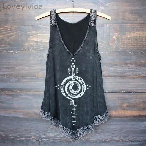 Tribal Distressed Snake Totem Print V-Neck Tank Top
