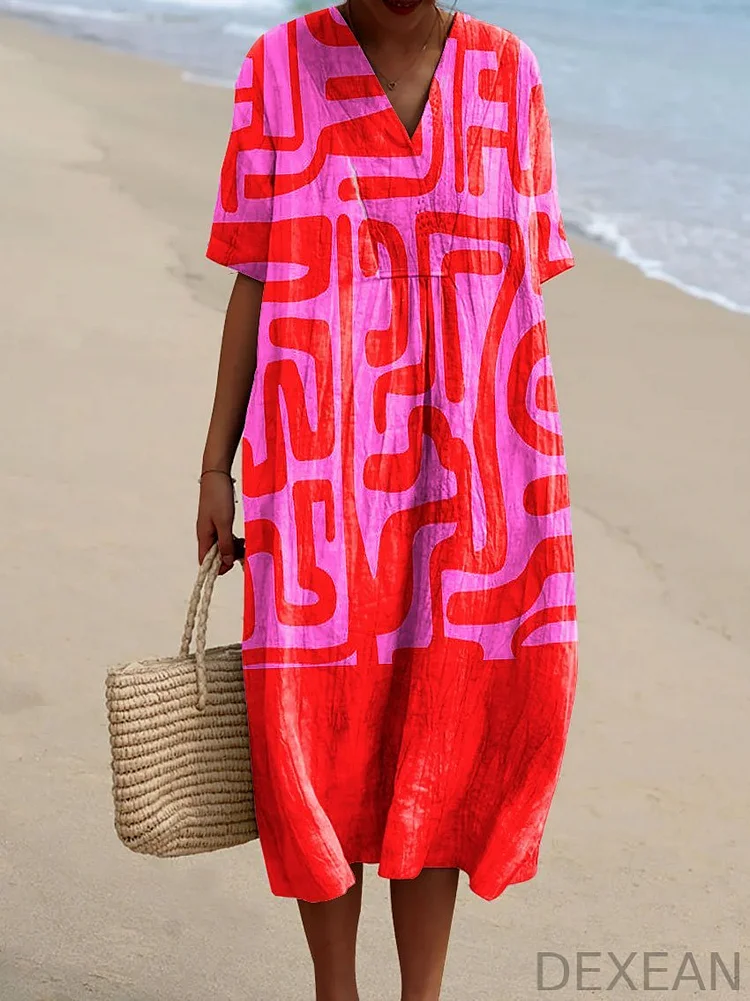 Women's Abstract Vibrant Bold Fun Colorful Geometric Stripes Art Print Flowy Dress