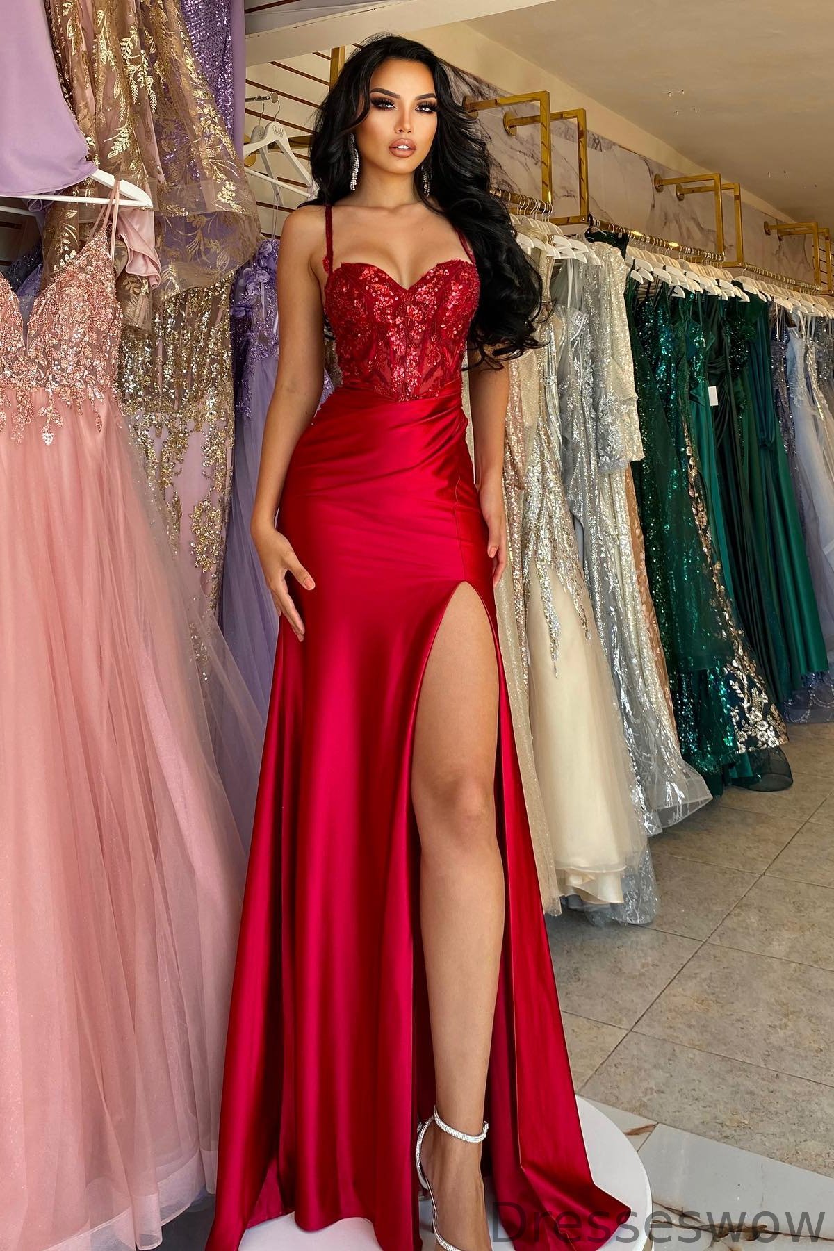 Dresseswow Red Spaghetti-Straps Sleeveless Prom Dress Mermaid Split Long With Sequins