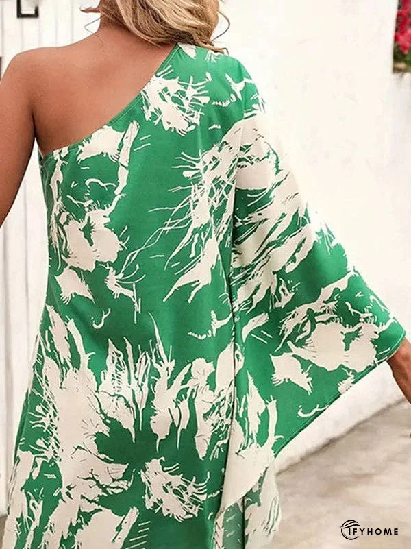 Batwing Sleeves High Waisted Asymmetric Printed One-Shoulder Mini Dresses | IFYHOME