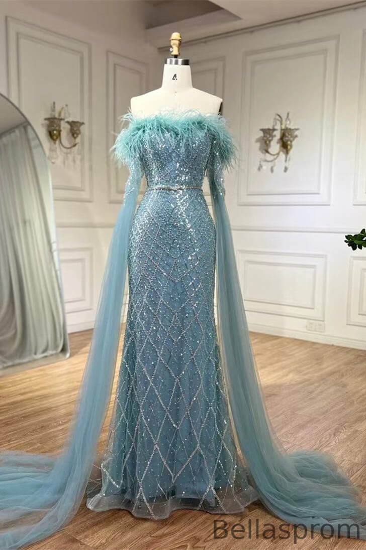 Bellasprom Off-the-Shoulder Mermaid Evening Dress Ruffle Sleeves With Sequins Feather Bellasprom