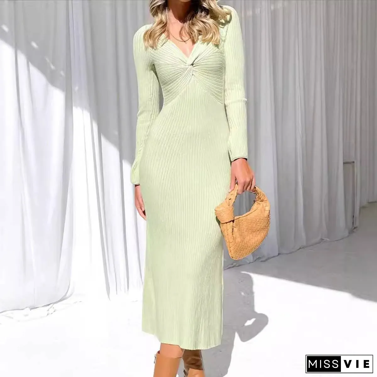 Sexy Spice Long Sleeve Twist Pleated Long Dress