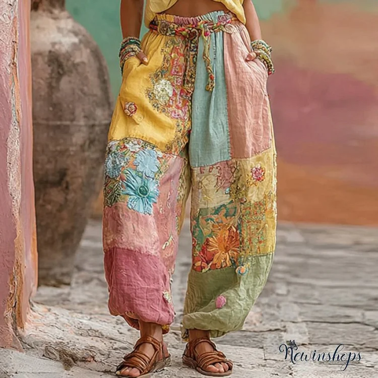 Women's Vintage Bohemian Floral Embroidery Patchwork Art Linen Blend Pants