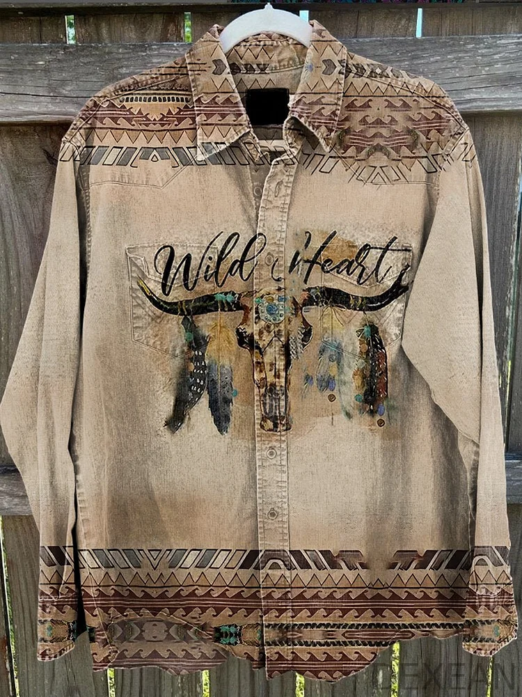 Western Style Cowhead Letter Shirt Vintage Stripe Print Casual Shirt