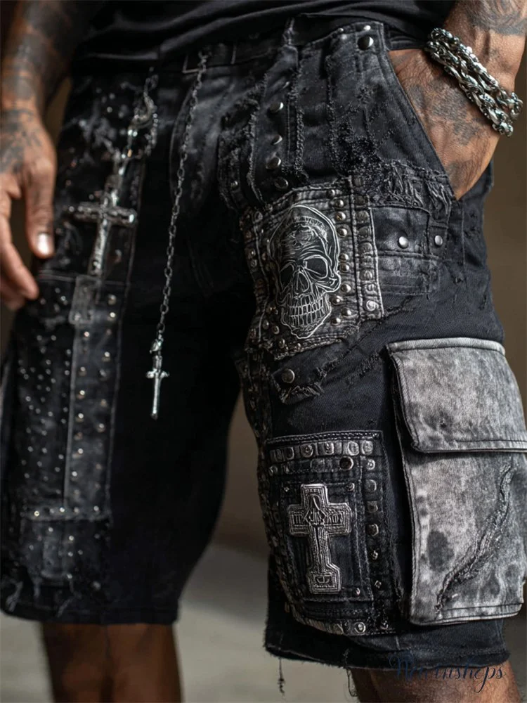Men's Rock Skull & Cross Patchwork Studded Washed Cargo Shorts