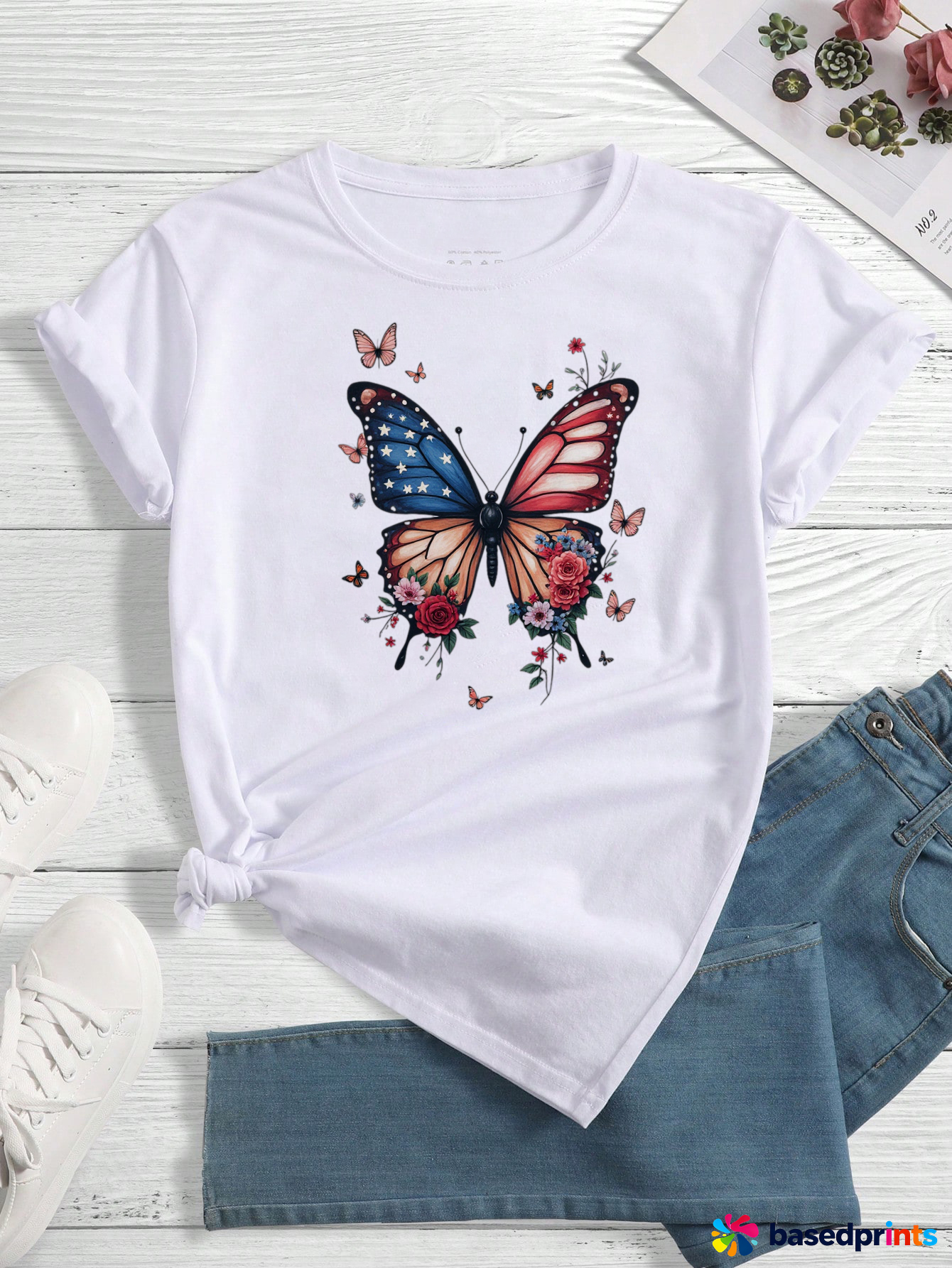 American Flag Butterfly Print T-Shirt Women Summer Casual Short Sleeve Tops