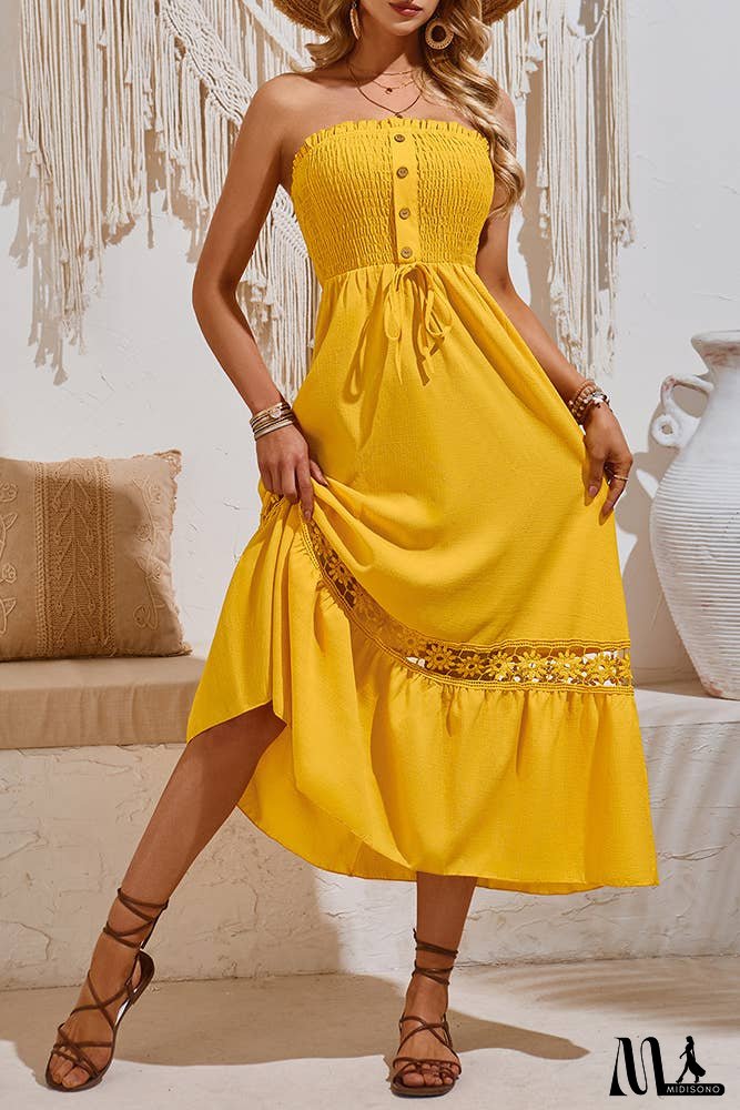 Spring Plain Strapless Smocked Buttoned Maxi Dress SN355