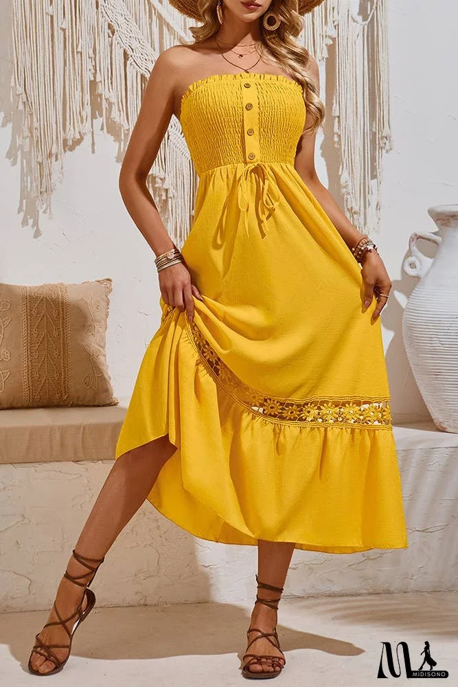 Spring Plain Strapless Smocked Buttoned Maxi Dress SN355