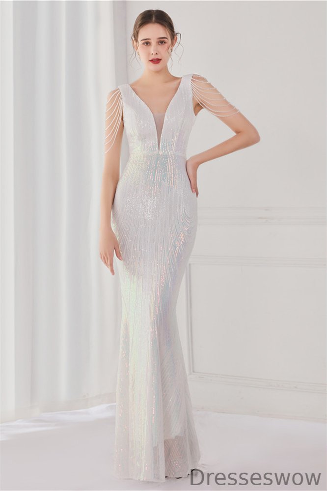 Dresseswow V-Neck Mermaid Evening Party Dress Sequins Long YE0054