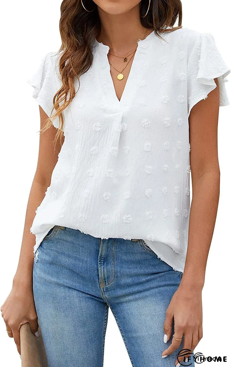 Lace Detail V-Neck Flounce Sleeve Blouse | IFYHOME