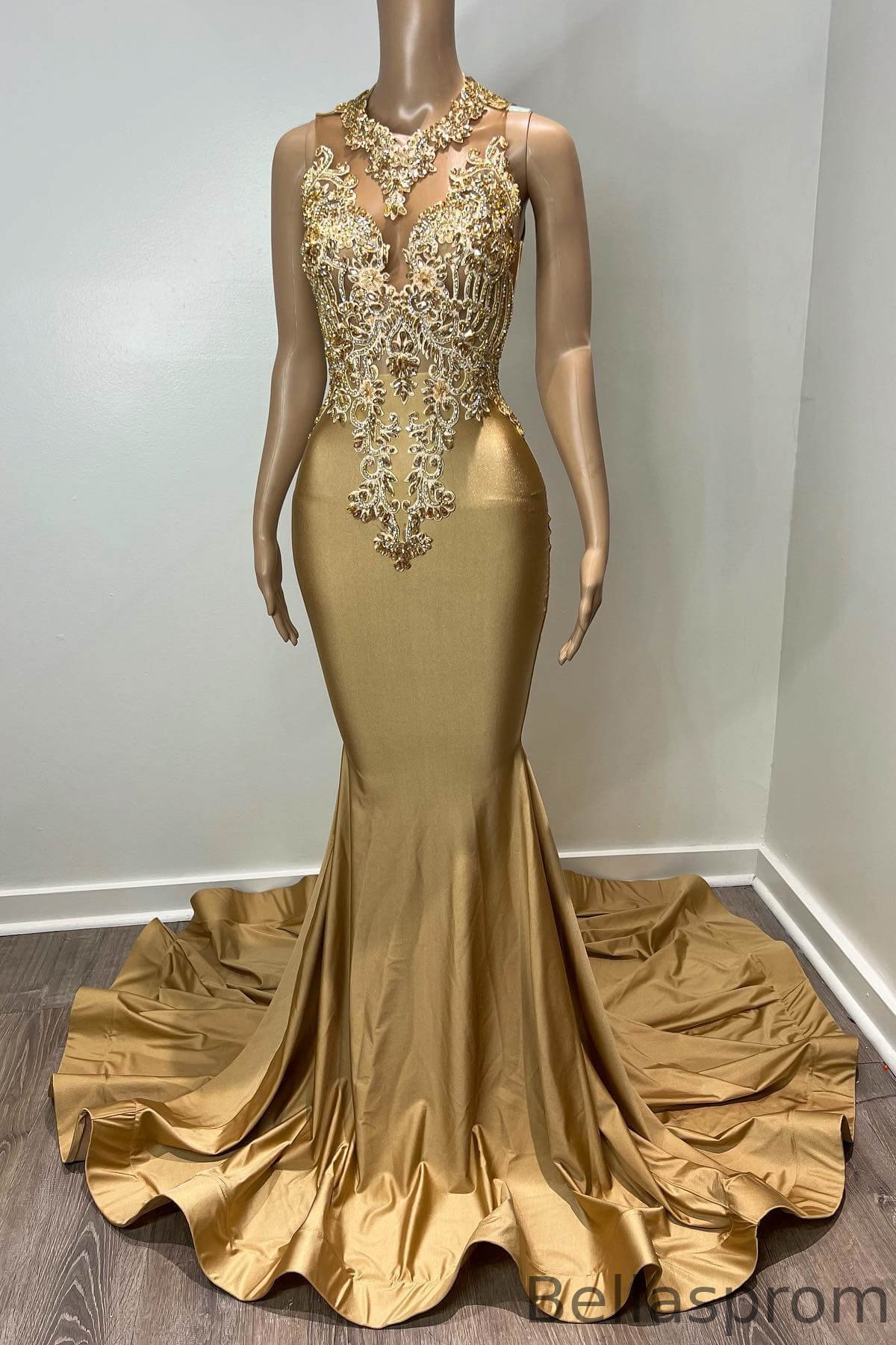 Bellasprom Champagne Scoop Sleeveless Mermaid Prom Dress With Beadings Online Bellasprom