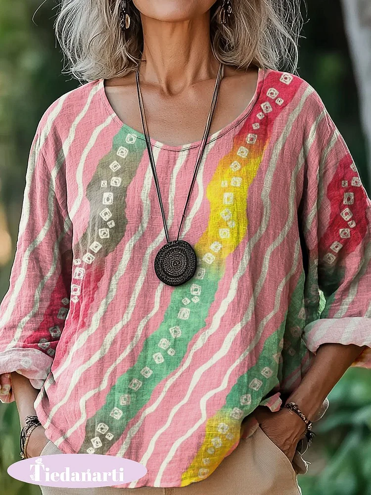Women's Bright Ripple Art Print Casual Cotton And Linen Shirt