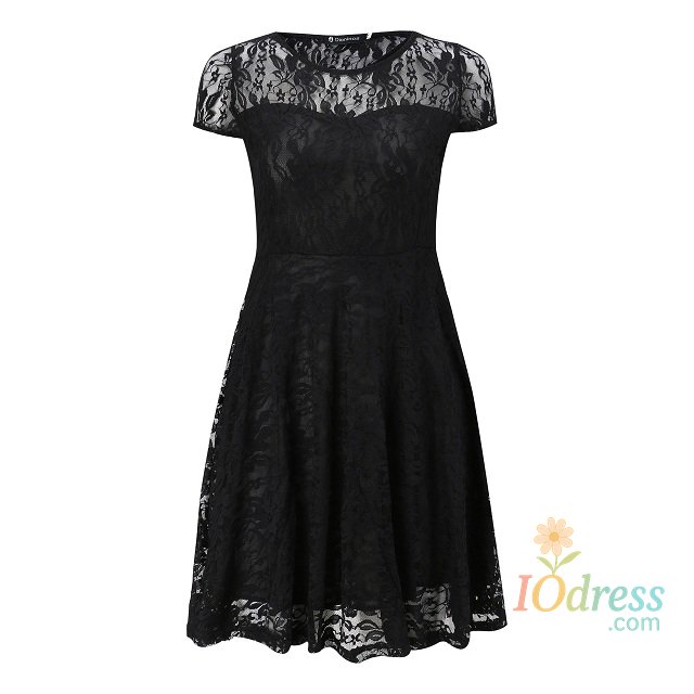 IO Dress Sexy Women Floral Lace Dress Round Neck Short Sleeve Vintage Lace A-line Dress Patchwork Slim Pleated Swing Cocktail Party Dress IO Dress
