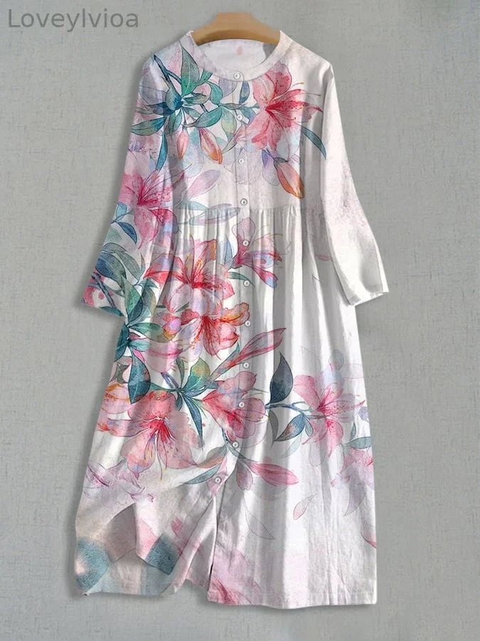 Women's Vintage Ink Painting Design Single Breasted Dress