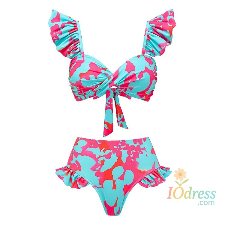 IO Dress Printed Ruffle Bikini and Skirt for Women, Vacation Swimwear, Beachwear, Bathing Suit, 2 Piece Set