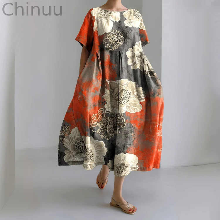 Vintage Japanese Art Flower Print Midi Dress