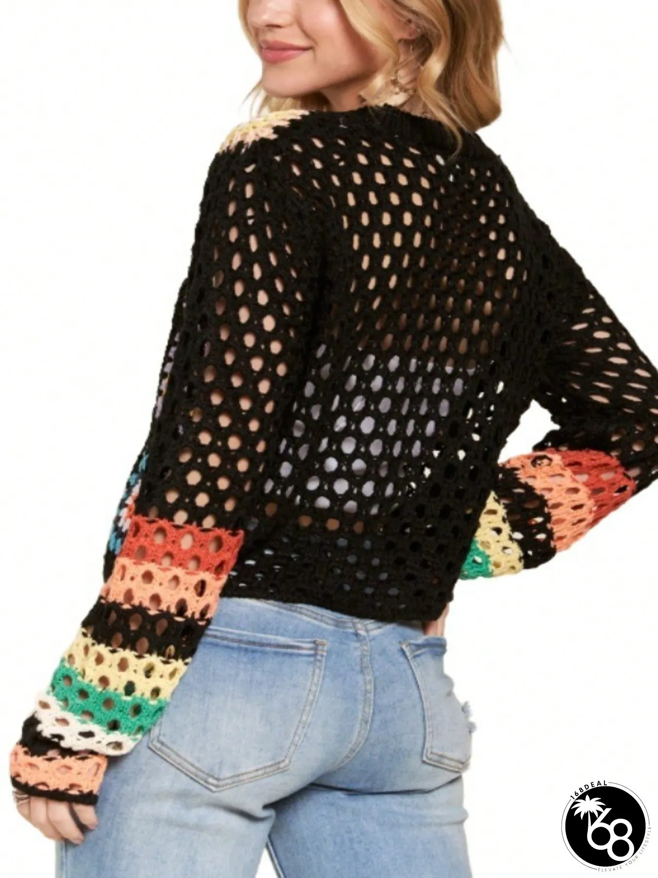 Womens Casual Knit Cover Boho Crochet Granny Square Patterned Open Stitch Design Cropped | 168DEAL